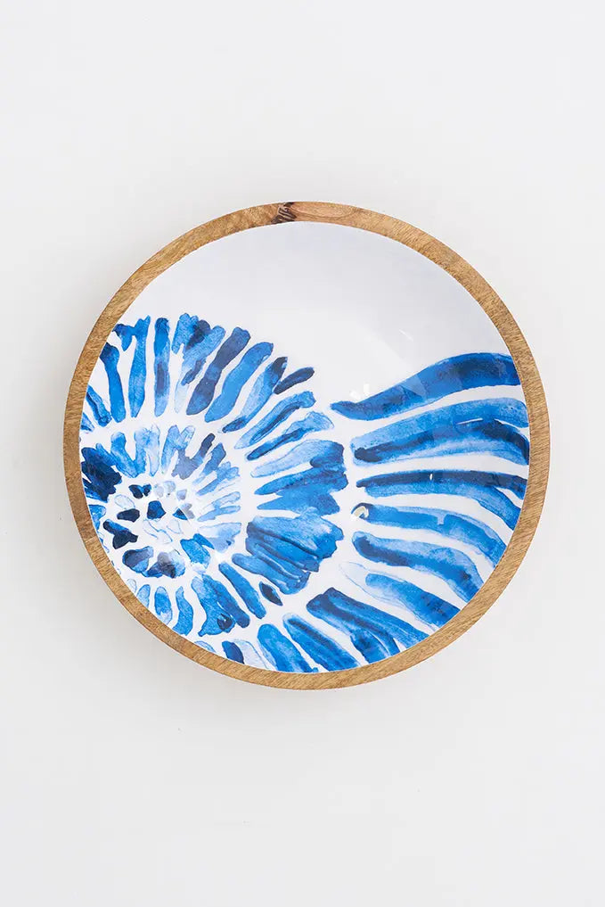 Large Enamel-Coated Round Wooden Bowl with Shell Print